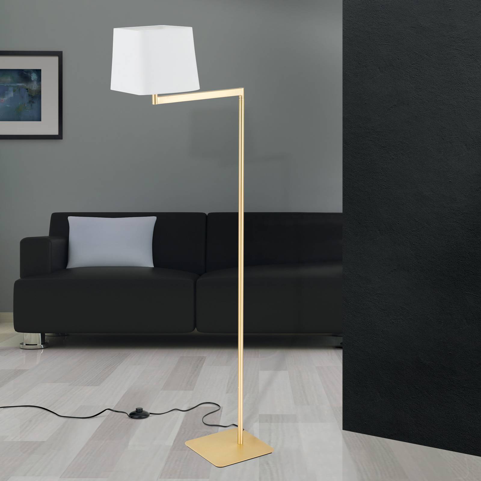 Lampa stojąca z tkaniny Carlton, mosiądz matowy