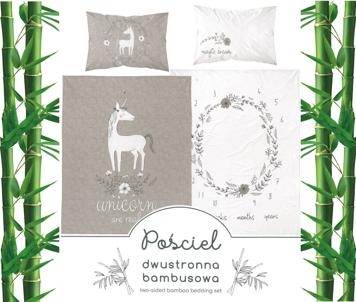 Pościel niemowlęca bambusowa 90x120 Unicorn szara