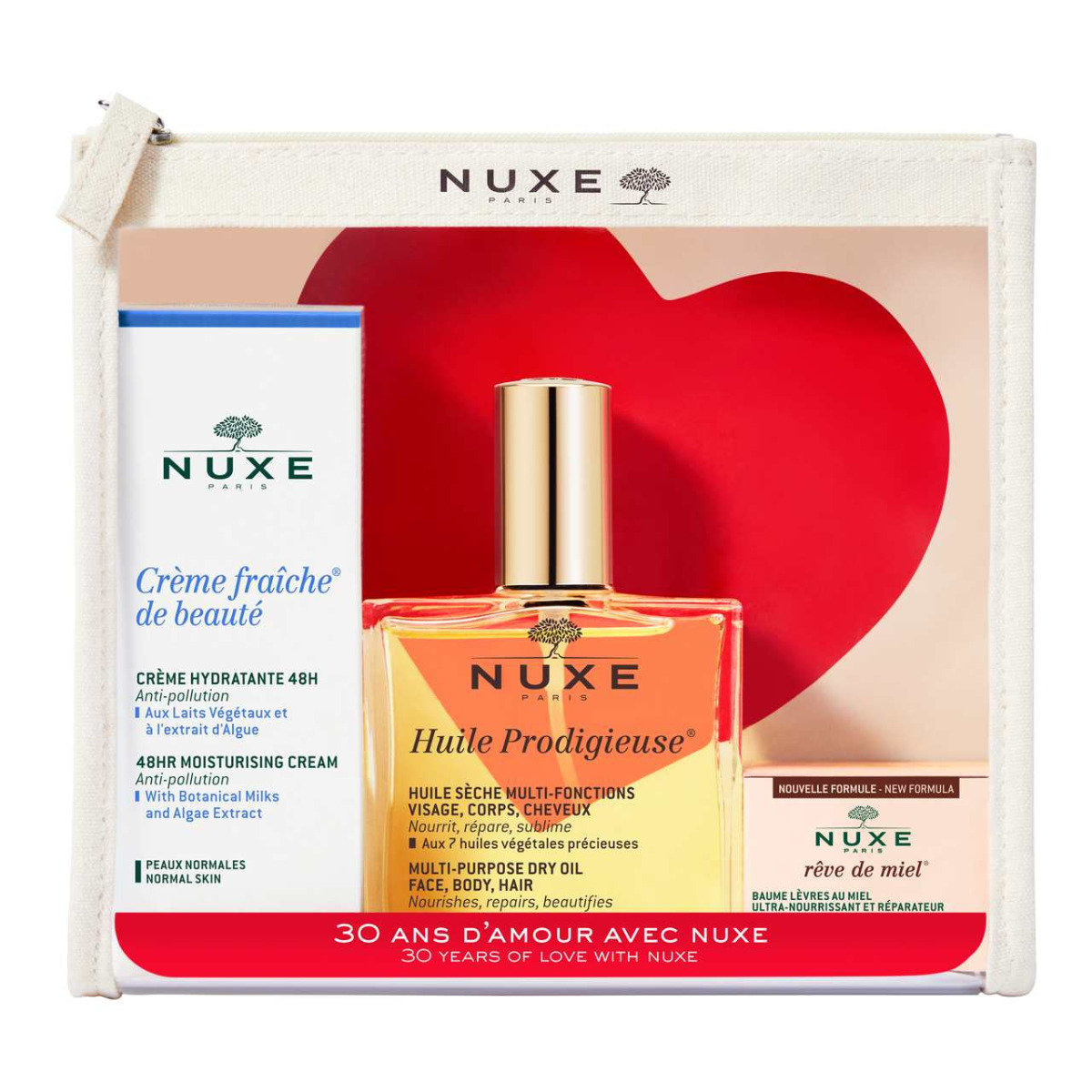 Nuxe Kosmetyczka 30-lecie Huile Prodigieuse suchy olejek 100 ml + krem Crme Fraîche de Beauté 30 ml + balsam do ust Reve de Miel 15 ml