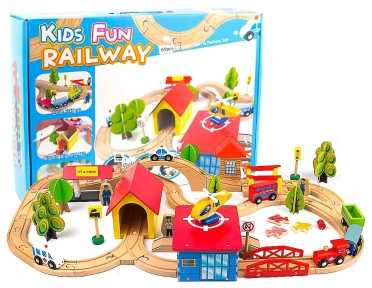 Import LEANToys Drewniany Tor Kolejka Autka Drzewa Budynki Helikopter LT-9835-0