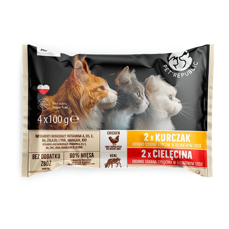 PETREPUBLIC Fileciki z kurczakiem w sosie i cielęciną w sosie saszetki dla kota 4x100g