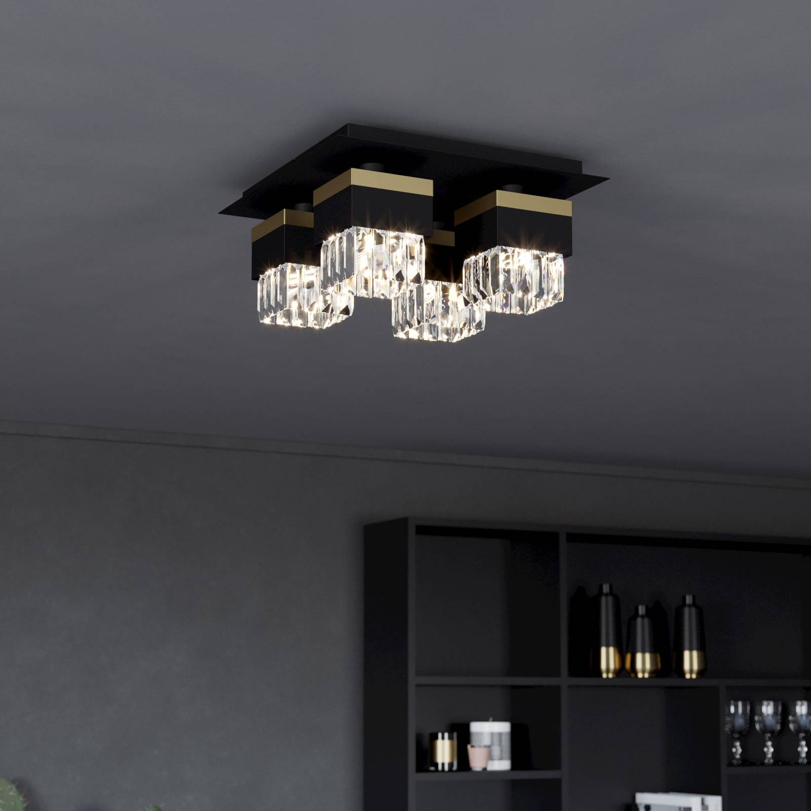 Lampa sufitowa Barrancas, czarna/złota, kryształ
