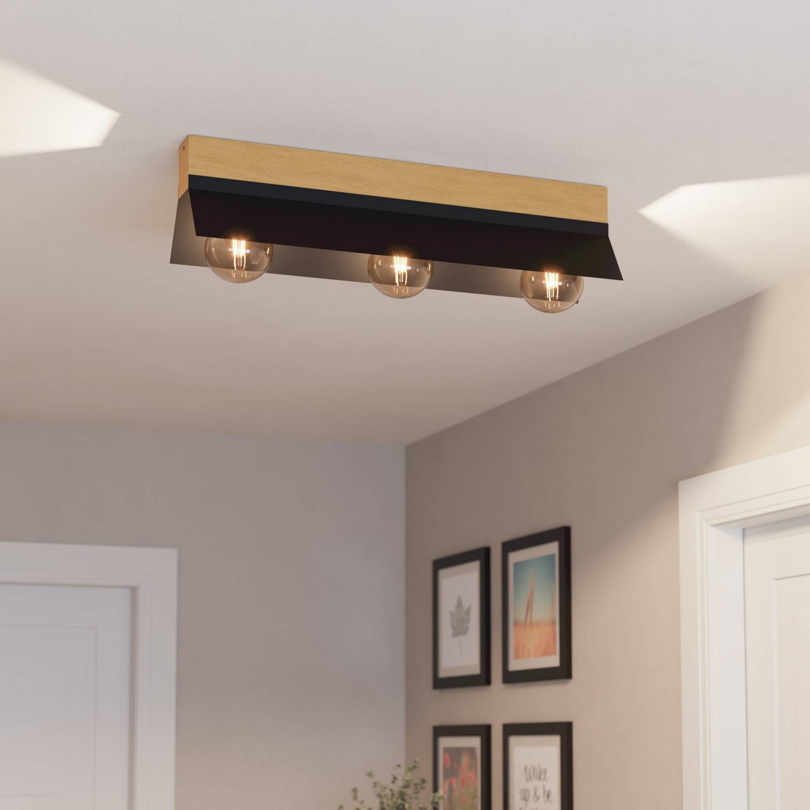 Lampa sufitowa Tarrafo czarna, drewno, 3-pkt.