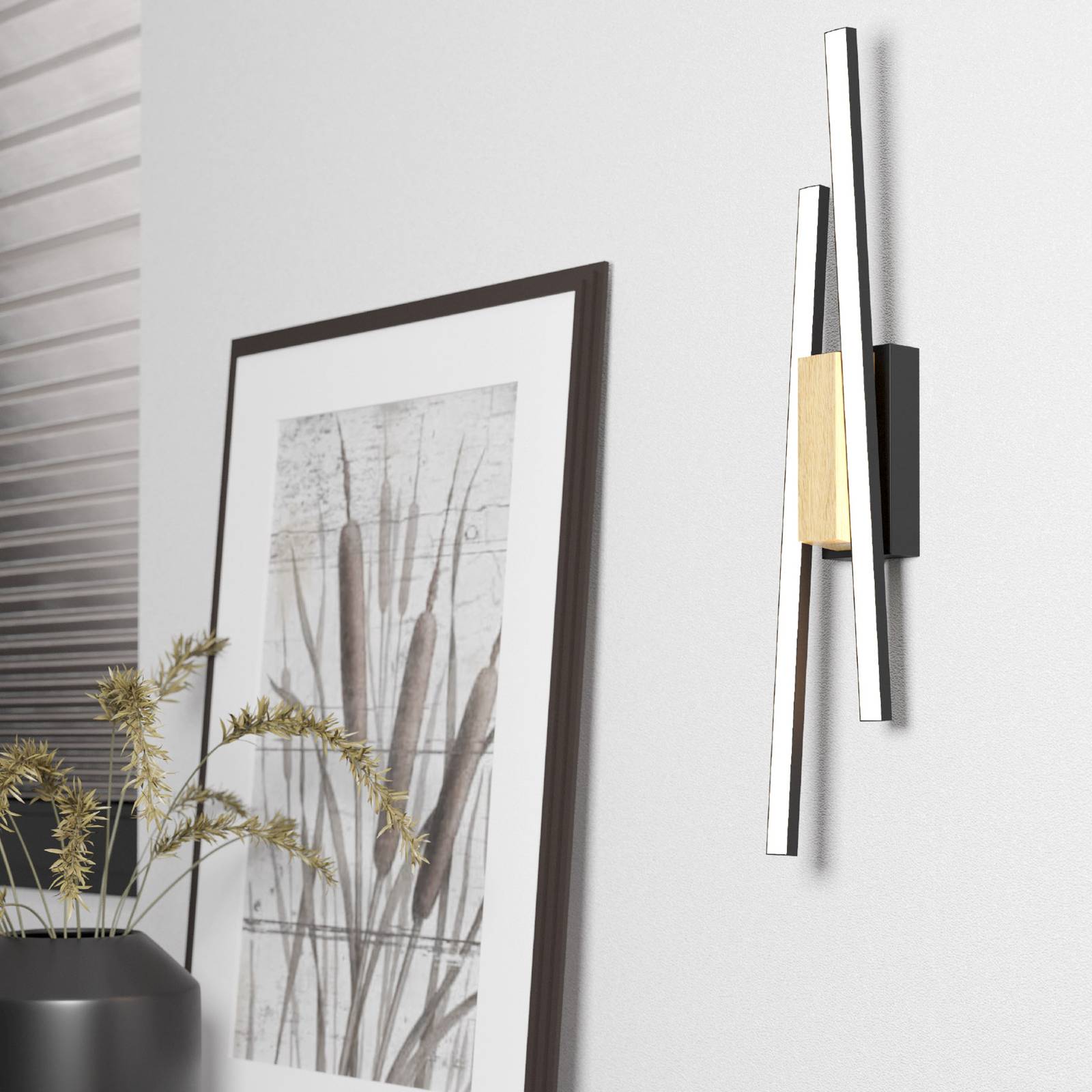 Kinkiet LED Panagria, czarny z detalami z drewna