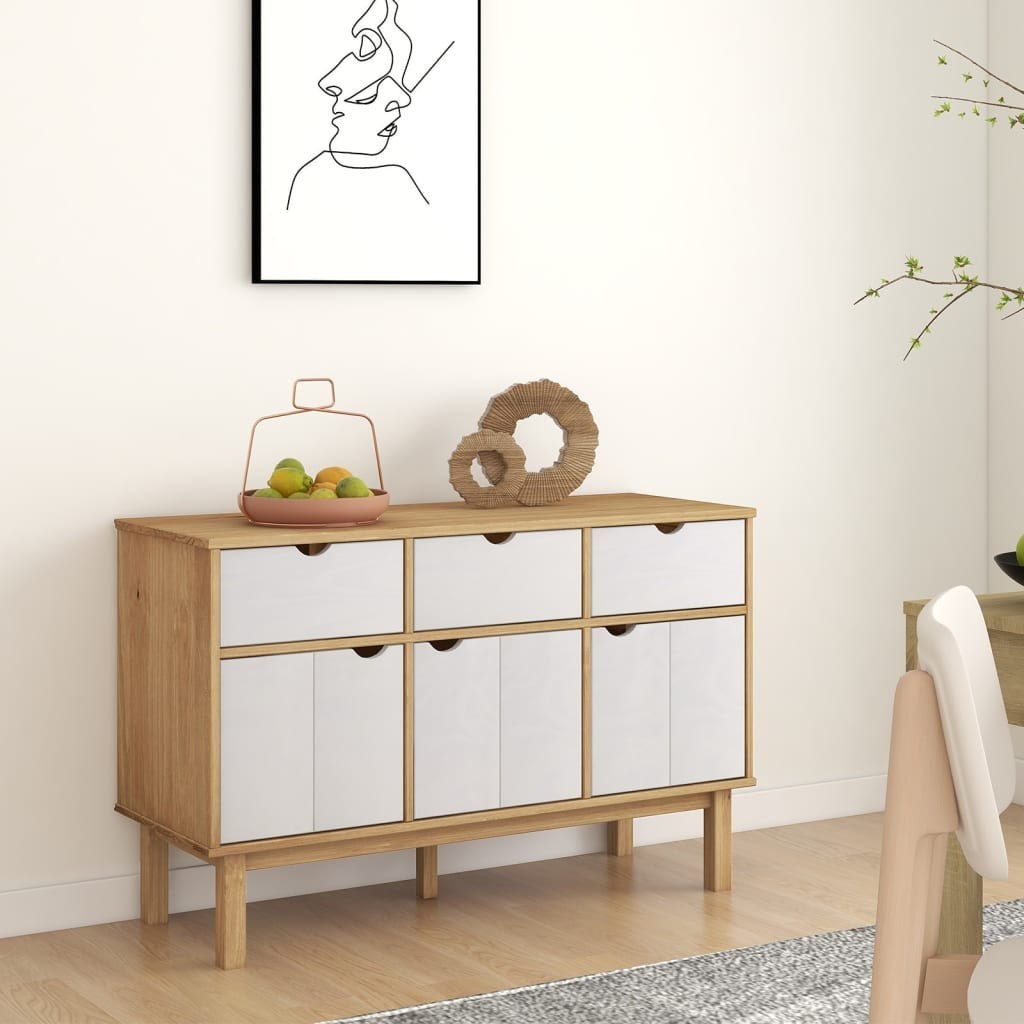 Lumarko Komoda, brązowo-biała, 114x43x73,5 cm, lite drewno sosnowe