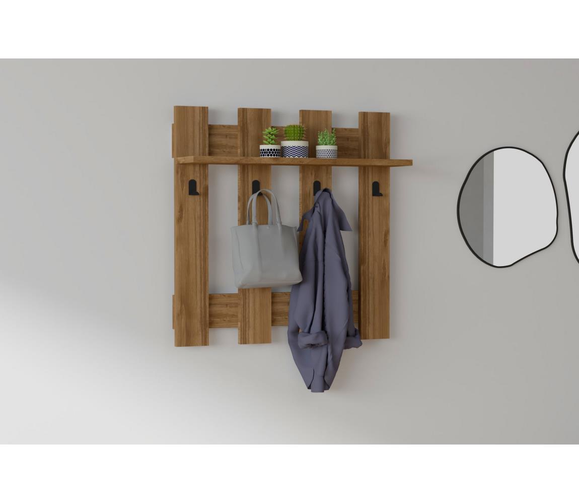 Ciemnobrązowa półka ścienna z 4 wieszakami Carina