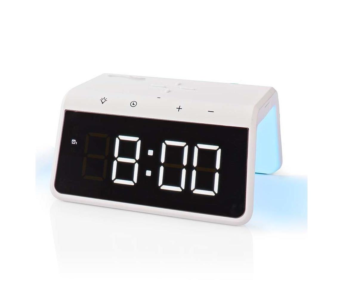 Nedis WCACQ30WT - Budzik z wyświetlaczem LCD i ładowarką bezprzewodową 15W/230V biały