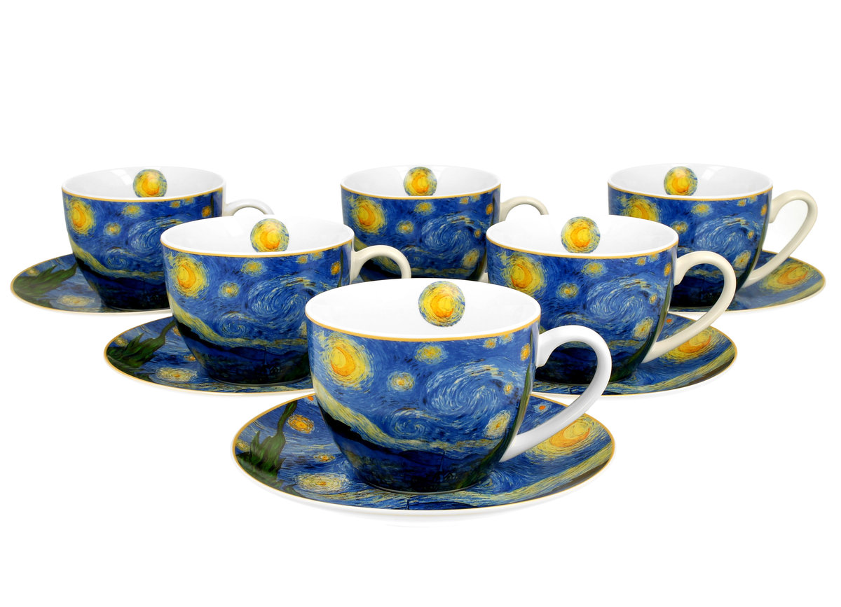 Filiżanki do  kawy i herbaty porcelanowe ze spodkami DUO Starry Night Vincent Van Gogh 280 ml 6 szt