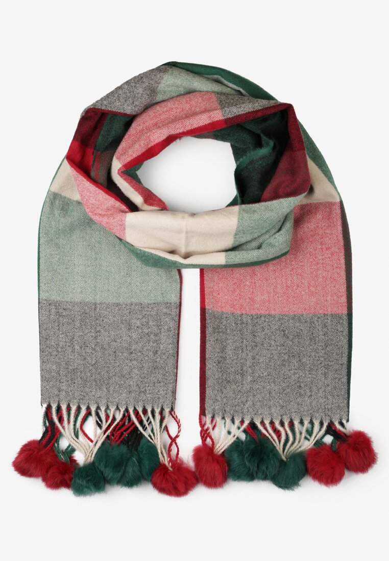 Ciemnozielony Szalik w Szeroką Kratę z Pomponami Voso