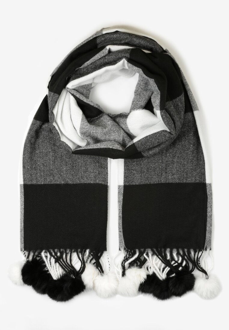 Czarny Szalik w Szeroką Kratę z Pomponami Voso