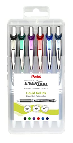 Pentel EnerGel BL77-6 EnerGel Zestaw 6 długopisów żelowych z mechanizmem drukującym, średnica kuli 0,7 mm = grubość linii 0,35 mm, plastikowe pudełko wielokrotnego napełniania Różne kolory
