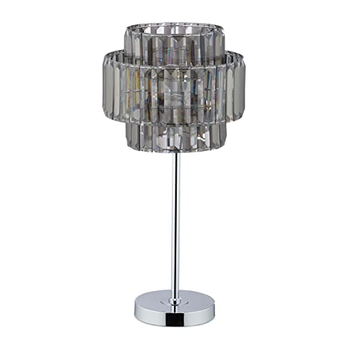 Relaxdays Lampka nocna kryształowa, elegancka lampa stołowa, E14, salon i sypialnia, wys. x śr.: 50,5 x 24 cm, szara/srebrna 10038609