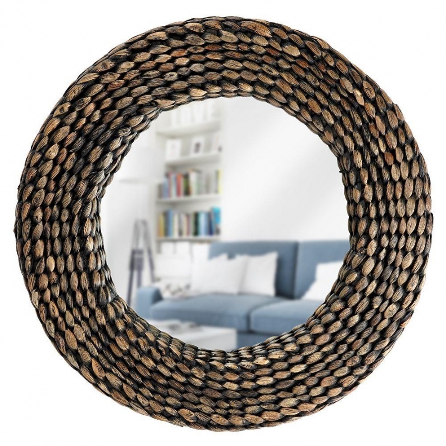 Lustro okrągłe w naturalnej ramie ścienne wiszące łazienkowe do salonu brązowe boho 43 cm kod: O-569355-C