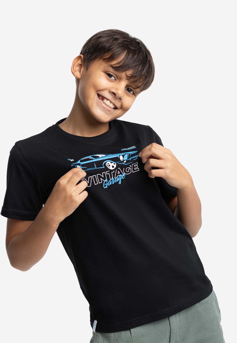 Czarny t-shirt chłopięcy z nadrukiem samochodu T-FURIOS JUNIOR - Volcano
