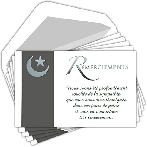 C5270 Podziękowania Muzułmańskie Kondolencje Zestaw 5 identycznych kart, Srebrny tekst + 5 białych kopert Format 9x14cm Półksiężyc Islamski Śmierć Pogrzeb Żałoba Wyprodukowano we Francji AFIE
