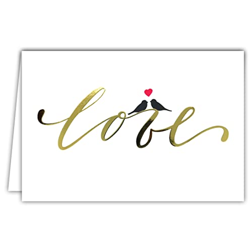 69-5149 Love Gold Litery Błyszczące Złoty Karty do Powiedzenia, że Cię kocham lub Gratuluję Parze PACS Szykowny ślub Elegancki Ptaki Miłośników Poziomy z Białą Kopertą Format 17,5x12cm AFIE