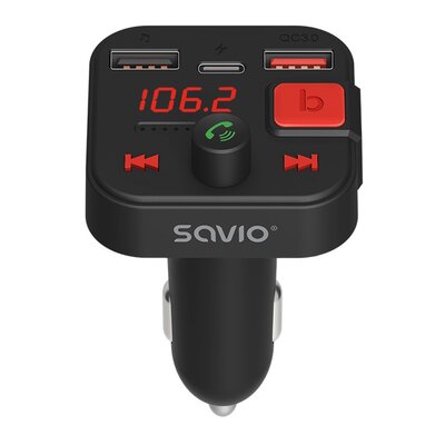 SAVIO TR-15 TRANSMITER FM Z WYŚWIETLACZEM, BLUETOOTH I ŁADOWARKĄ PD USB-C USB-A QUICK CHARGE, BASS BOOST