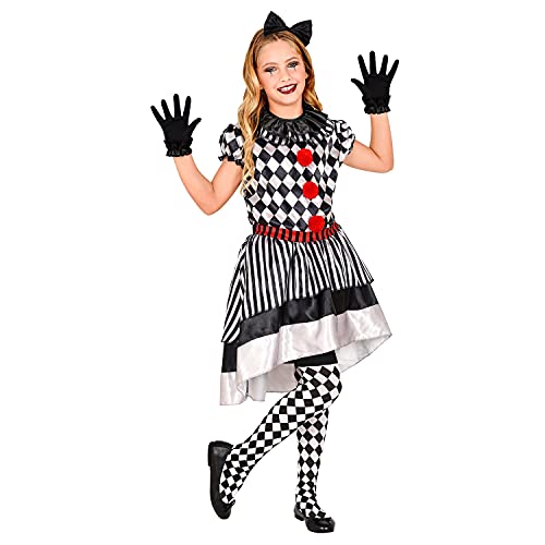 Widmann - Kostium dziecięcy retro clown, sukienka z kołnierzem klaun kokardką, rękawiczki, dla dziewcząt, karo, paski, kostium, przebranie, impreza tematyczna, karnawał, Halloween