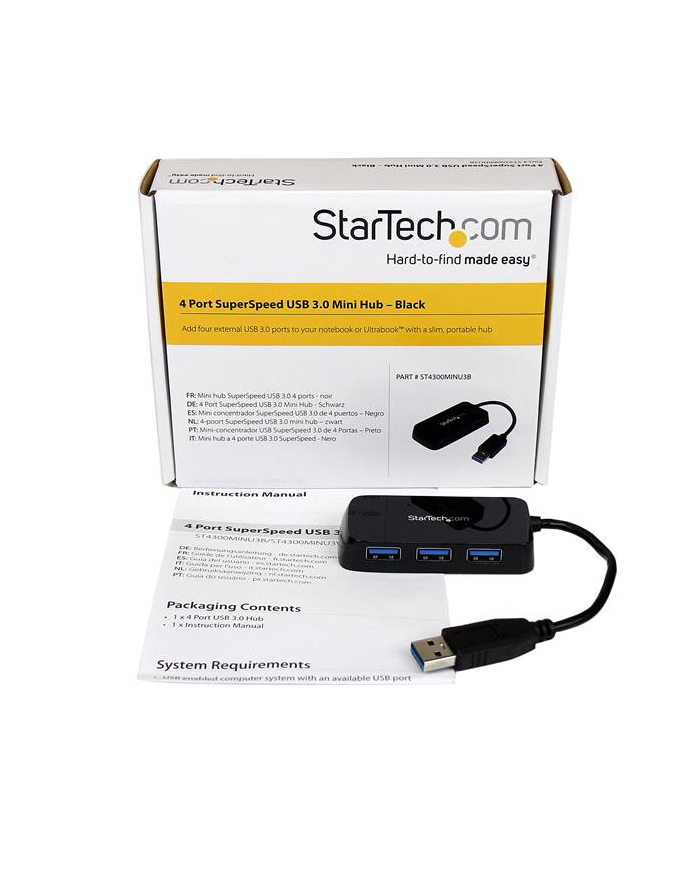 BLACK 4 PORT MINI USB 3.0 HUB StarTech.com 4 Port USB 3.0 SuperSpeed Hub - Schwarz - Portabler externer Mini USB Hub mit eingebautem Kabel