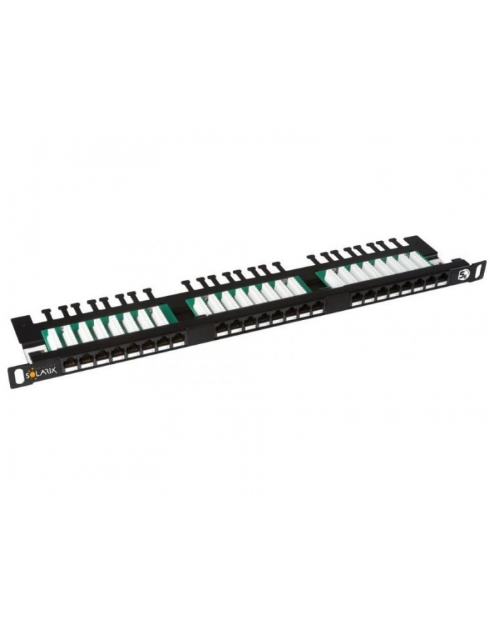 Solarix 19'' patch panel UTP CAT5E 24xRJ45 vyvaz.lištou czarny z 0,5 U