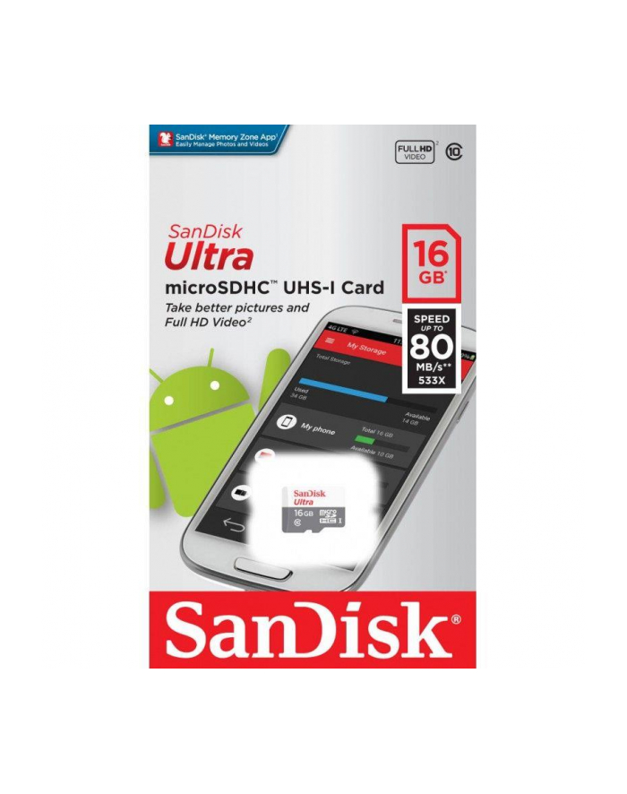 SANDISK ULTRA ANDROID microSDHC 16 GB 80MB/s Class 10 UHS-I SDSQUNS-016G-GN3MN