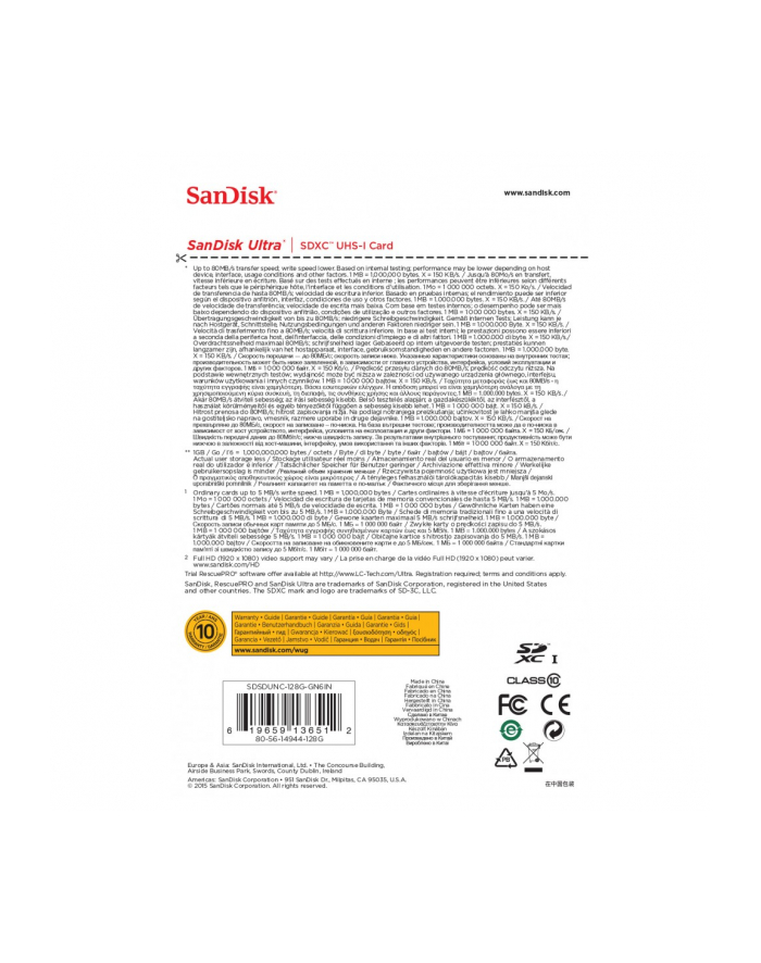 SanDisk karta pamięci Ultra SDXC 128GB Class 10 UHS-I, Odczyt: do 80MB/s