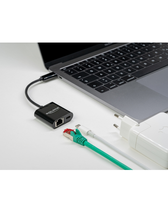 DeLOCK USB-C adapter> Gigabit LAN + PW Kolor: CZARNY - LAN 10/100/1000 Mbps with Power Delivery 66644