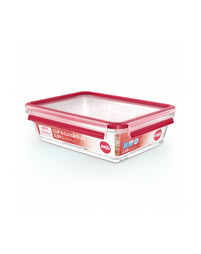 Emsa CLIP ' CLOSE glass food storage container 2.0 liters transparent/red, rectangular