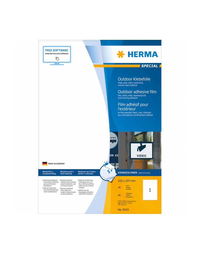 Herma Odporne Na Warunki Atmosferyczne Etykiety Foliowe A4, 210 X 297 Mm, Białe, Wyjątkowo Silna Przyczepność, Rozciągliwe - 9543