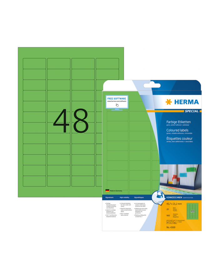 Herma Etykiety kolorowe 4369 A4 45.7 x 21.2mm papier matowy zielony 960 szt 4369