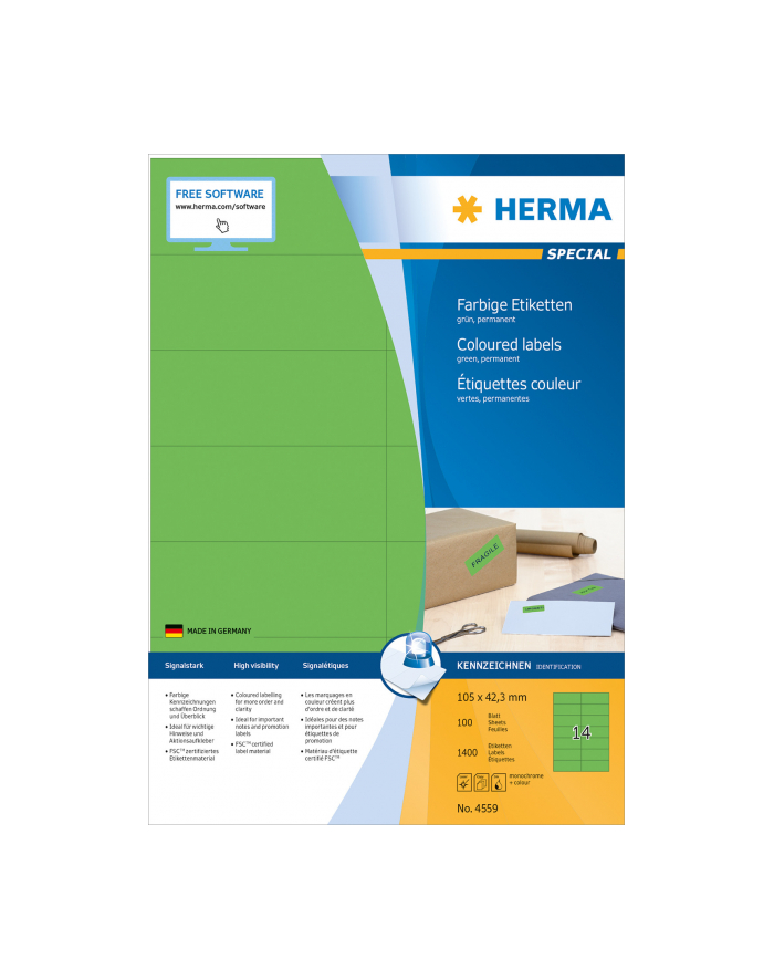 Herma Kolorowe Etykiety A4, 105 X 42,3 Mm, Zielony, Trwała Przyczepność - 4559