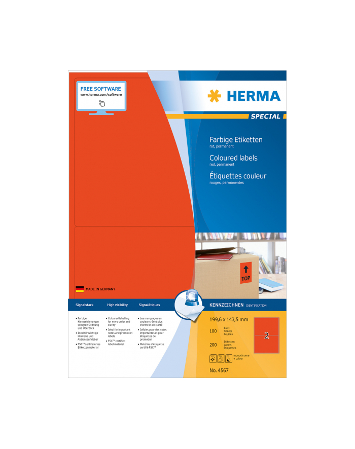 Herma Kolorowe Etykiety A4, 199,6 X 143,5 Mm, Czerwony, Trwała Przyczepność - 4567