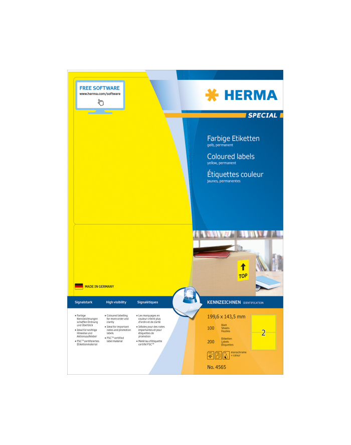Herma Kolorowe Etykiety A4, 199,6 X 143,5 Mm, Żółty, Trwała Przyczepność - 4565