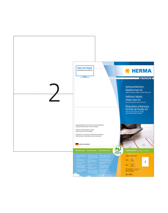 Herma Etykiety Adresowe Premium A5, 148 X 105 Mm, Białe, Trwałe Przyleganie - 8691