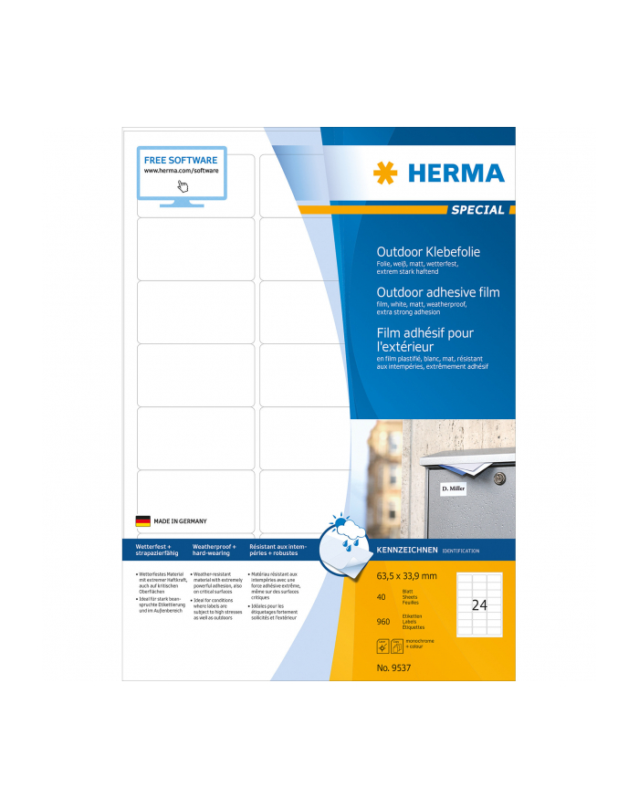 Herma Etykiety Foliowe Zewnętrzne Odporne Na Warunki Atmosferyczne A4, 63,5 X 33,9 Mm, Białe, Wyjątkowo Silna Przyczepność, Rozciągliwe - 9537 Darmowy