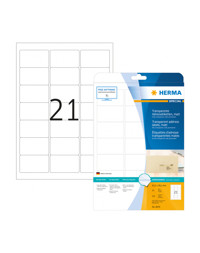 Herma Przezroczyste Etykiety Adresowe Do Folii, Matowy A4, 63,5 X 38,1 Mm, Odporne Na Warunki Atmosferyczne, Trwała Przyczepność 8670