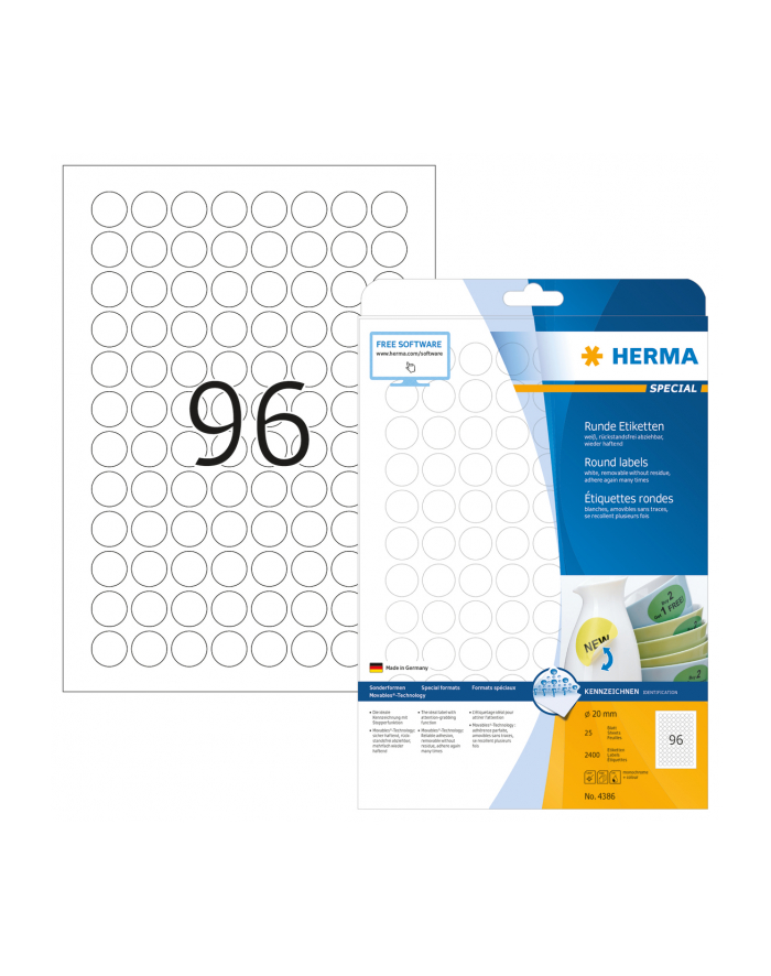 Herma Etykiety odklejalne 4386 Movables A4 okrągłe Ø 20mm białe papier matowy 2400szt. 4386