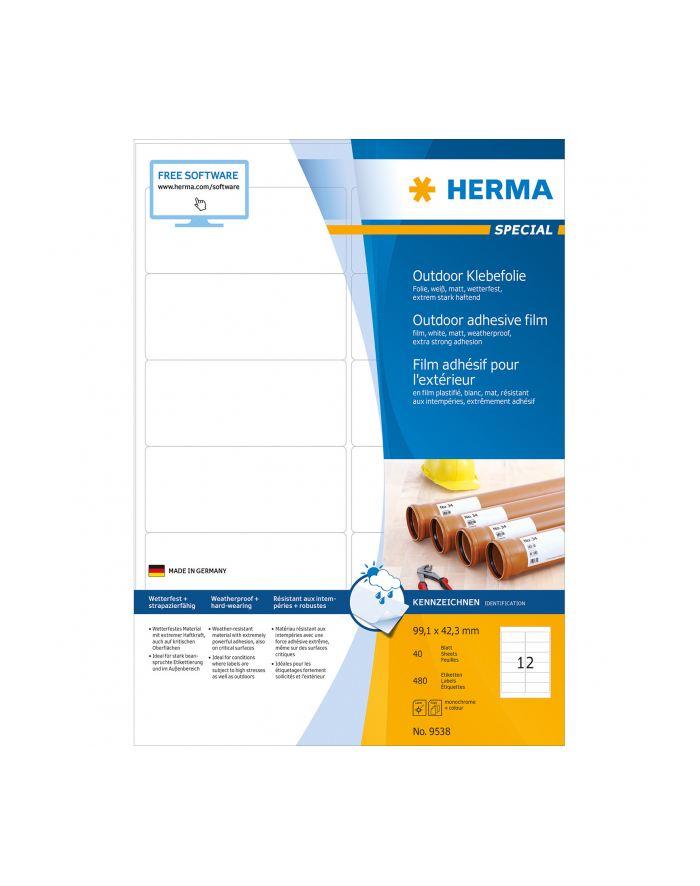 Herma Etykiety Zewnętrzne Odporne Na Warunki Atmosferyczne A4, 99,1 X 42,3 Mm, Białe, Wyjątkowo Silna Przyczepność, Rozciągliwe - 9538
