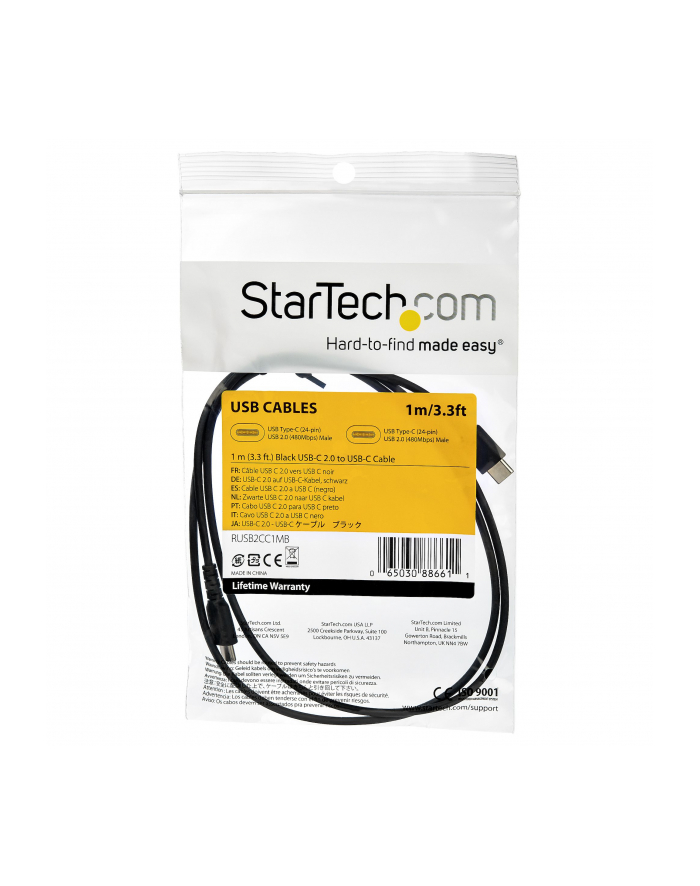 Startech.COM 1 M / 3.3FT. USB 2.0 TO USB C CABLE - BLACK - ARAMID FIBER - USB-C CABLE - 1 M RUSB2AC1MB