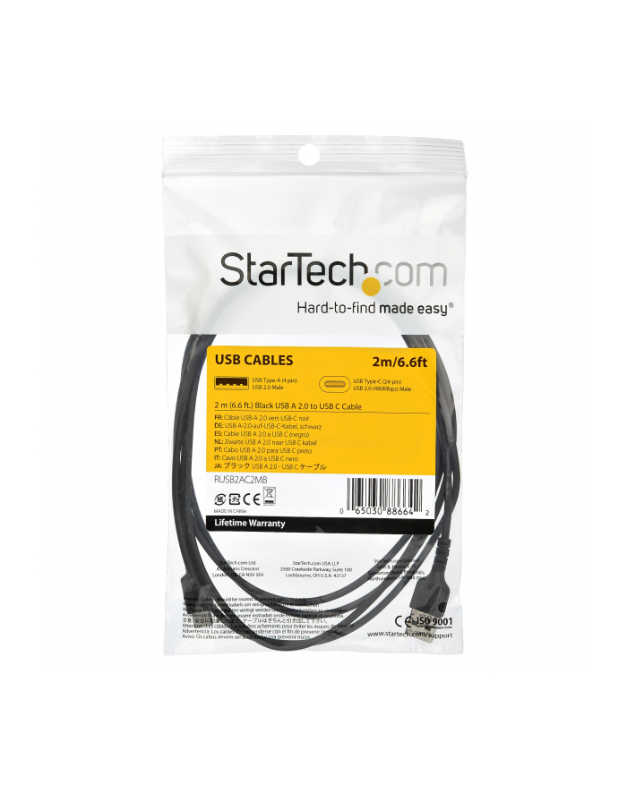 Startech.COM 2 M / 6.6 FT. USB 2.0 TO USB C CABLE - BLACK - ARAMID FIBER - USB-C CABLE - 2 M RUSB2AC2MB