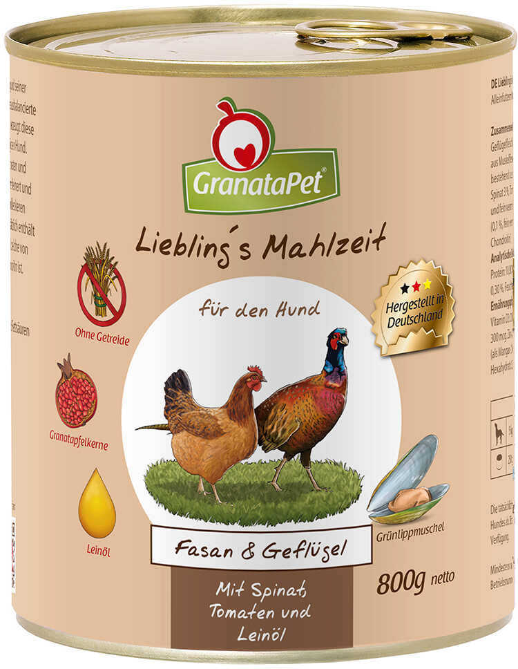 GranataPet Lieblings Mahlzeit karma dla psa, 6 x 800 g - Bażant & drób ze szpinakiem, pomidorami i olejem lnianym