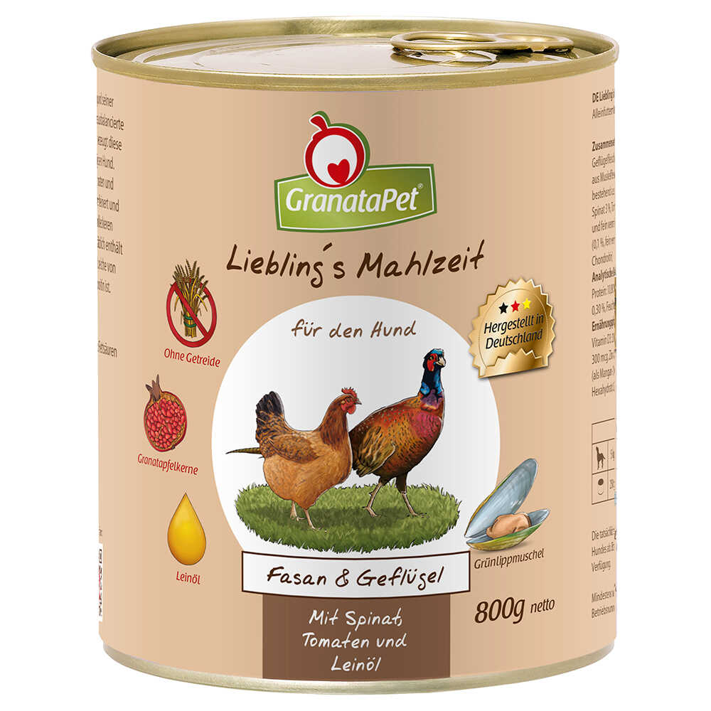 Zestaw GranataPet Lieblings Mahlzeit, 12 x 800 g - Bażant & drób ze szpinakiem, pomidorami i olejem lnianym