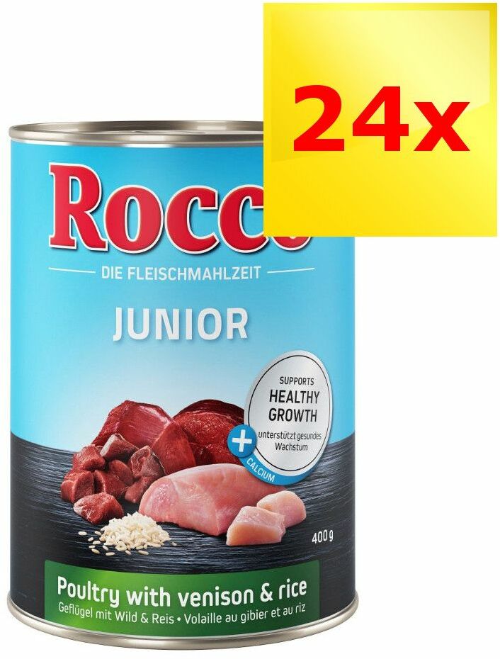 Zestaw Rocco Junior, 24 x 400 g - Kurczak i dziczyzna z ryżem i wapniem Dostawa GRATIS!
