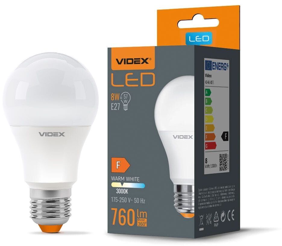 Żarówka LED E27 A60 8W 3000K 760lm Videx