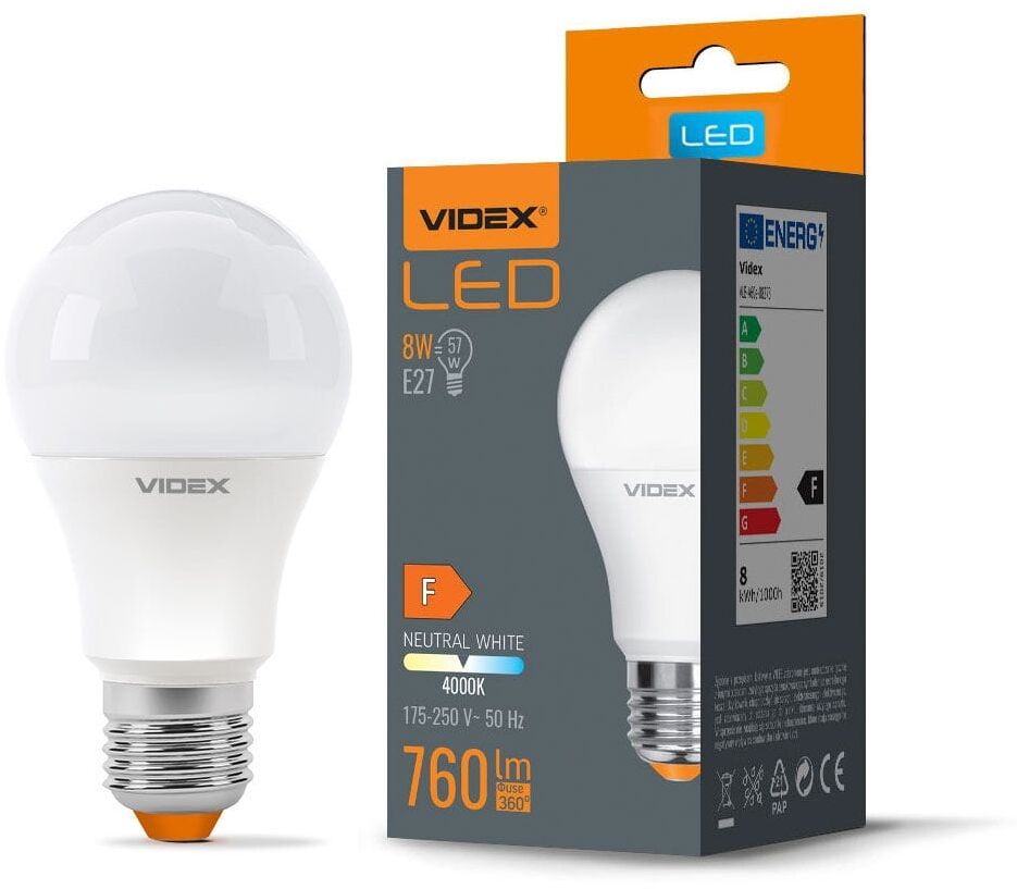 Żarówka LED E27 A60 8W 4000K 760lm Videx