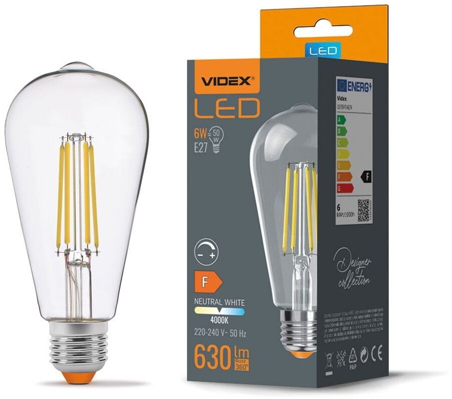 Żarówka led ściemnialna E27 ST64 filament 6W 4000K 630lm Videx