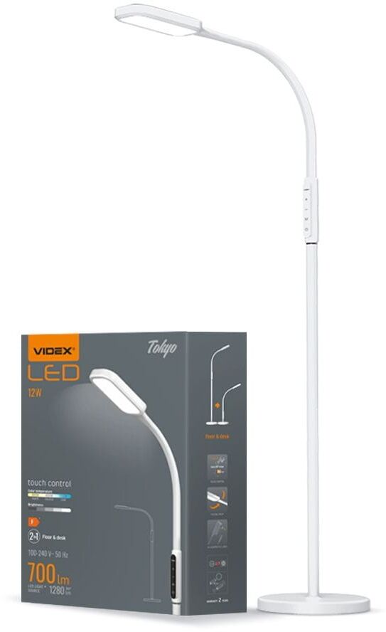 Lampa podłogowa biała nowoczesna TOKYO z funkcją ściemniania 12W CCT 700lm Videx