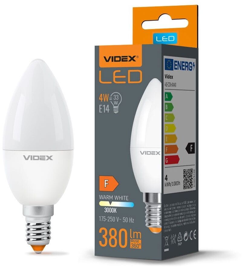 Żarówka z małym gwintem LED E14 C37 4W 3000K 380lm Videx