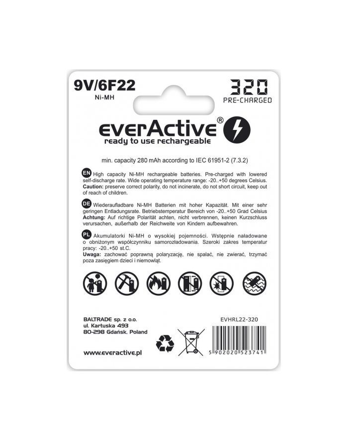 everactive Akumulator 6F22/9V Ni-MH 320 mAh 1 szt. ready to use EVHRL22-320