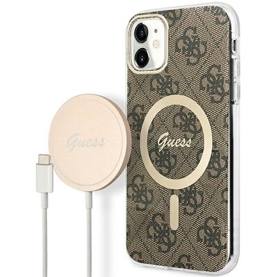 Guess Etui 4G Print do Apple iPhone 11 Brązowy + Ładowarka MagSafe